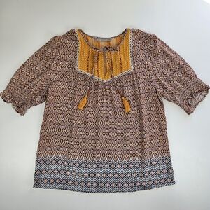 Daniel Rainn Boho Geometric Print Peasant Top Mustard Yoke Tassles